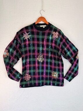 St. John vintage black plaid knit sweater featuring colorful sequins Size Med